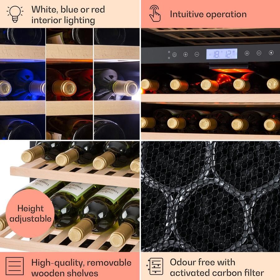 Klarstein Wijnkoeler Wijnkoelkast 2 Zones Drankenkoelkast 425L Inbouw Wijnkast Smal Wijnkoelkast Met Glazen Deur Binnen Buiten Flessenkoelkast Wine Fridge 5-20°C 162 Flessen 59.5 cm Touch Vrijstaand Wit Wijnklimaatkast