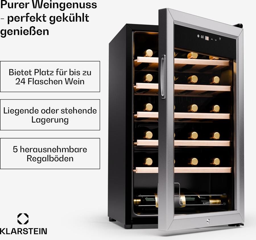 Klarstein Wijnkoelkast 1 Zone – Vrijstaande Wijnklimaatkast 63L – Stille Drankenkoelkast met Glazen Deur – Binnen Buiten Gebruik – Temperatuur 5-18°C – Capaciteit 24 Flessen - Foto 3
