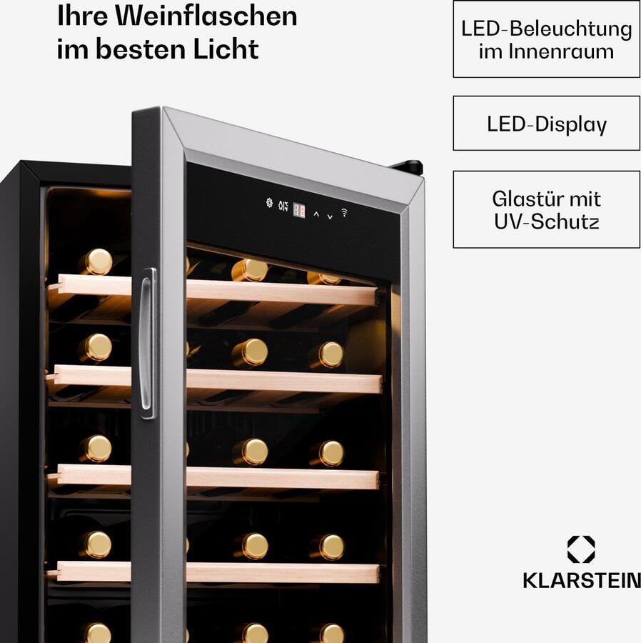 Klarstein Wijnkoelkast 1 Zone – Vrijstaande Wijnklimaatkast 63L – Stille Drankenkoelkast met Glazen Deur – Binnen Buiten Gebruik – Temperatuur 5-18°C – Capaciteit 24 Flessen voor Wijnliefhebber voor Bar Touch UV-Bescherming - Foto 2