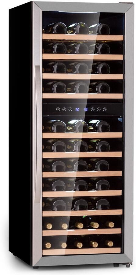 Klarstein Wijnkoelkast 2 Zones – Vrijstaande Wijnklimaatkast met Glazen Deur – Smalle Drankenkoelkast met LED-Verlichting – Temperatuur 5-18°C – Capaciteit 73 Flessen 94L Touch voor Champagne Wijnkast Wine Cooler