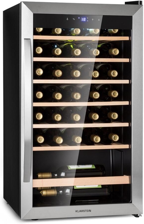 Klarstein Wijnkoelkast Smalle Drankkoelkast Koelkast met Glazen Deur Vrijstaande Drankkoelkast Kleine Wijnkoelkast 1-zone Wijnkoelkast LED-verlichting 4–18 °C 36 Flessen 95L 51 cm Touch Houten Schappen voor Champagne - Foto 2