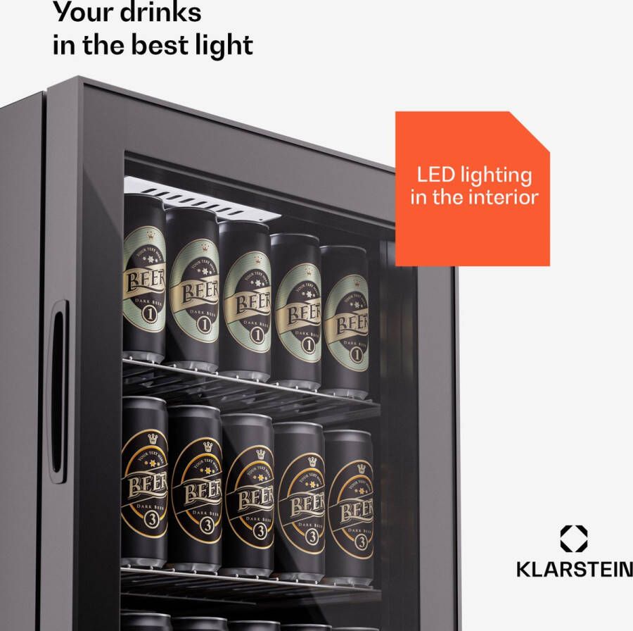 Klarstein Koelkast met Glazen Deur Stille Roestvrijstalen Koelkast Binnen Buiten Dranken Koelkast Smalle Wijn Koelkast voor Dranken 74L Koelkast met Verwijderbare Planken 5-18°C Zwart