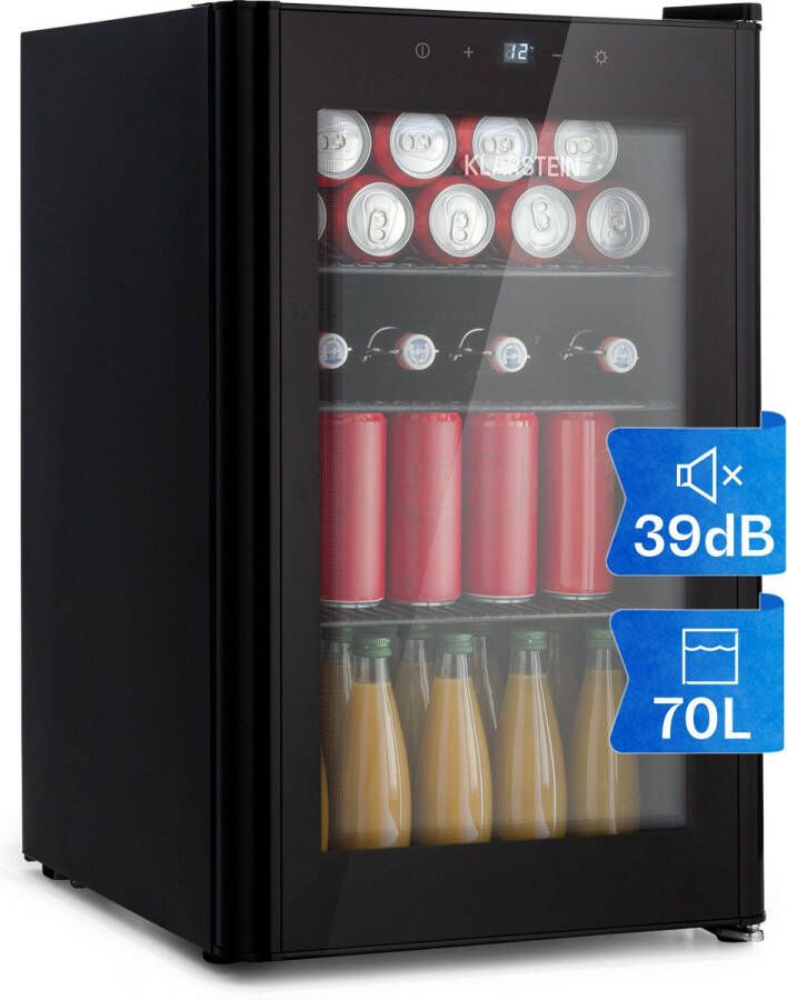 Klarstein Mini koelkast Glazen deur LED Verlichting 3 Planken 70 liter Binnen Buiten 0-10°C Zwart