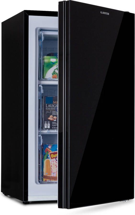 Klarstein Pluto 60L vrieskast 4 sterren vriesvak 60 liter volume EEK E helder design deurscharnier rechts 3 manden 3 etages compact 41 dB thermostaat aan de achterkant glazen front