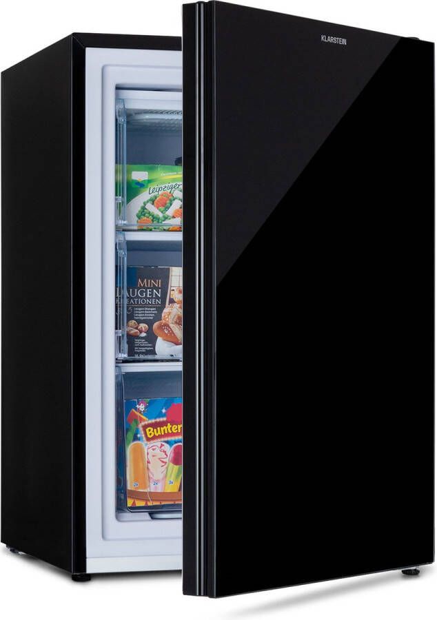 Klarstein Pluto 80 vrieskast 4 sterren vriesvak 80 liter volume EEK E helder design deurscharnier rechts 3 vakken 3 etages compact 41 dB thermostaat aan de achterkant glazen front