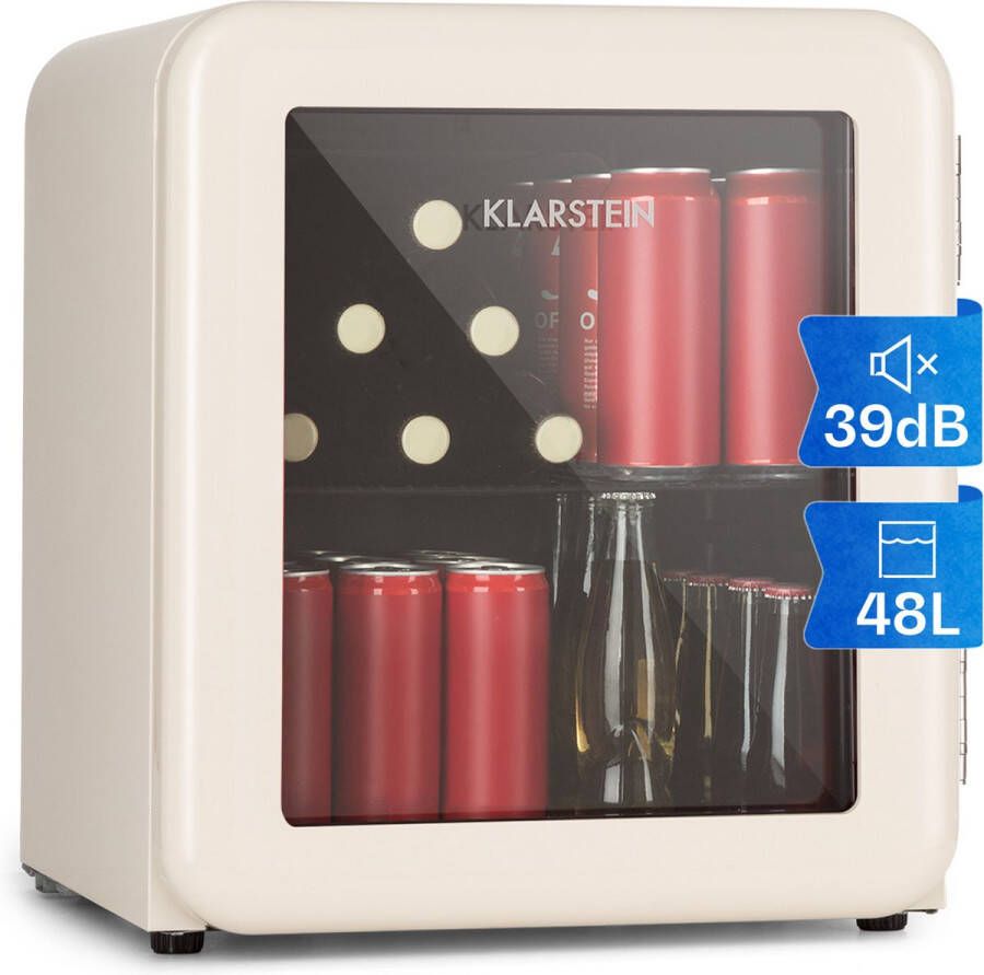 Klarstein Poplife 48 Retro Drankenkoeler Mini koelkast 48 Liter Temperatuur: 0-10 °C 39 dB 50 cm hoog Verstelbare pootjes Compressiekoeling Mini Koelkast Drankkoelkast Crème