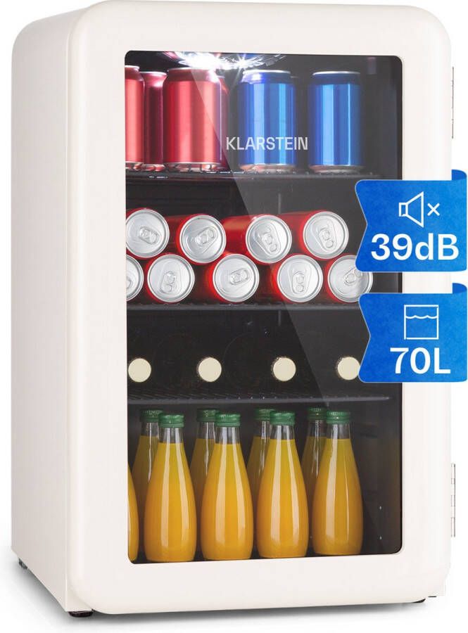 Klarstein Poplife 70 Drankenkoeler Mini koelkast Retro design inhoud: 70 Liter Temperatuur: 0-10 °C Mechanische Draaiknop Led Binnenverlichting Verstelbare Poten Dubbele Beglazing Crème