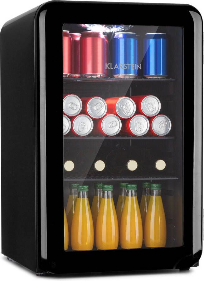 Klarstein Poplife Drankenkoeler Mini koelkast Retro design inhoud: 70 Liter Temperatuur: 0-10 °C EEK E Mechanische Draaiknop Led Binnenverlichting Verstelbare Poten Dubbele Beglazing Zwart