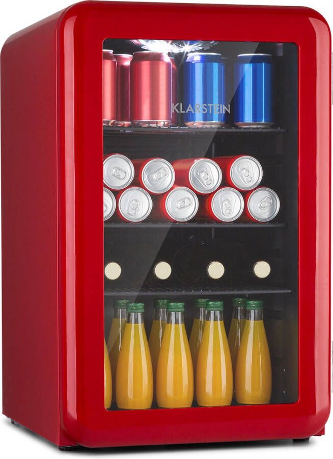 Klarstein Poplife Drankenkoeler Mini koelkast Retro design inhoud: 70 Liter Temperatuur: 0-10 °C EEK E Mechanische Draaiknop Led Binnenverlichting Verstelbare Poten Dubbele Beglazing Rood