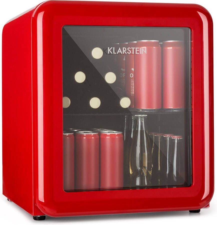 Klarstein Poplife Drankkoeler Mini koelkast 48 Liter EEK E Retro design Temperatuur: 0-10 °C Eco Plus 39 dB Verstelbare pootjes Zwarte Binnenkant Voordeur Dubbelglas Rood