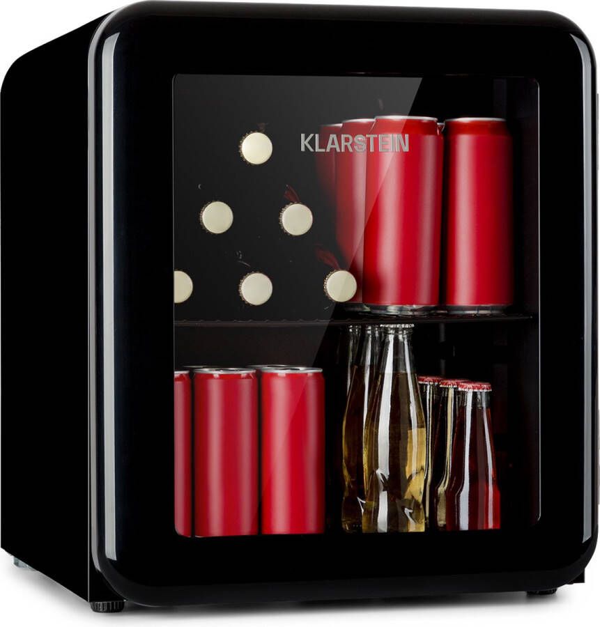Klarstein Poplife Retro Drankenkoeler 48 Liter Temperatuur: 0-10 °C 39 dB 50 Cm Hoog Verstelbare pootjes EEK E Compressiekoeling Mini koelkast Drankkoelkast Zwart