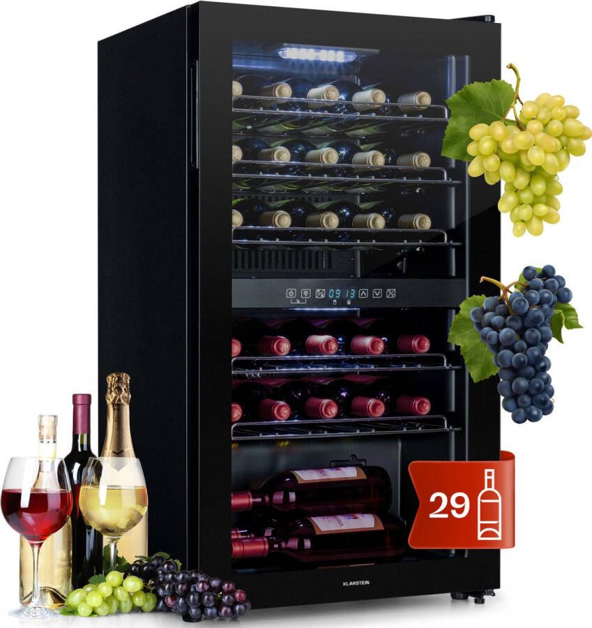 Klarstein Shiraz 29 Duo Wijnkoelkast 80 liter 29 flessen Wijnklimaatkast Panoramische Glazen Deur 42 dB Led-Binnenverlichting