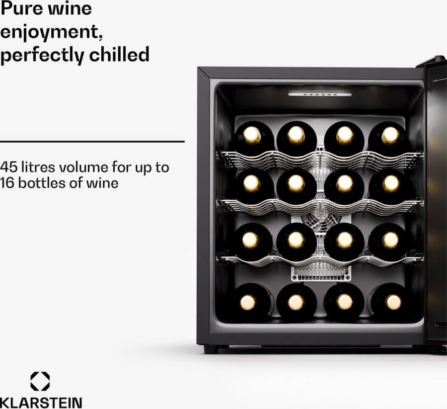 Klarstein Silent Vino 16 Uno Wijnkoelkast Wijnklimaatkast 45 Liter 16 Flessen Zwart