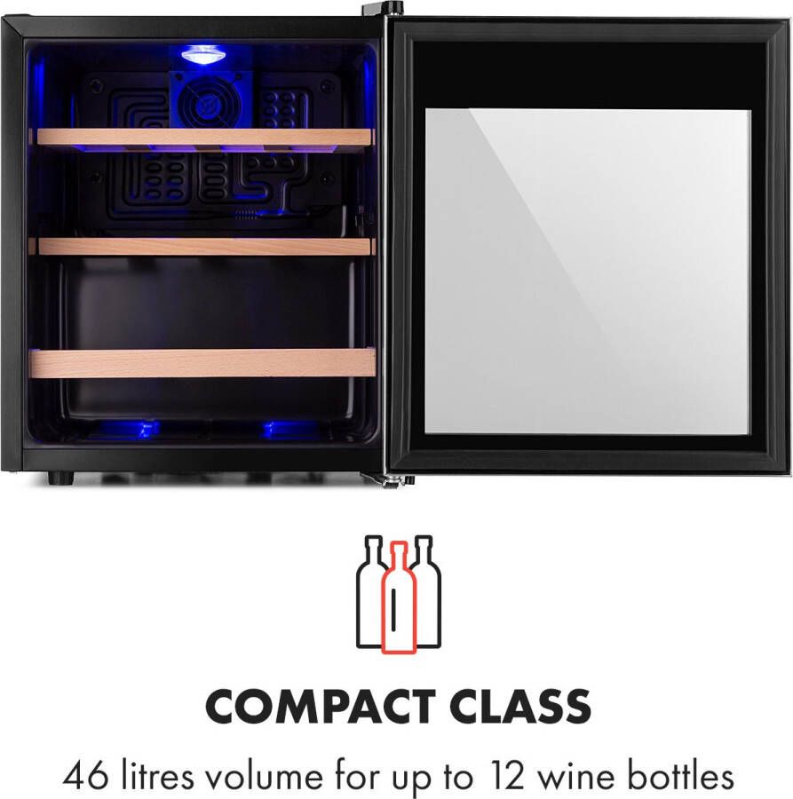 Klarstein Vinamour 12 Uno Wijnkoelkast Inhoud: 12 Flessen 46 Liter 1 Koelzone: 4 18 °C Fluisterzacht: 40 dB Extern touch bedieningspaneel Deur van veiligheidsglas met RVS frame Interne LED verlichting Compressiekoeling Zilver