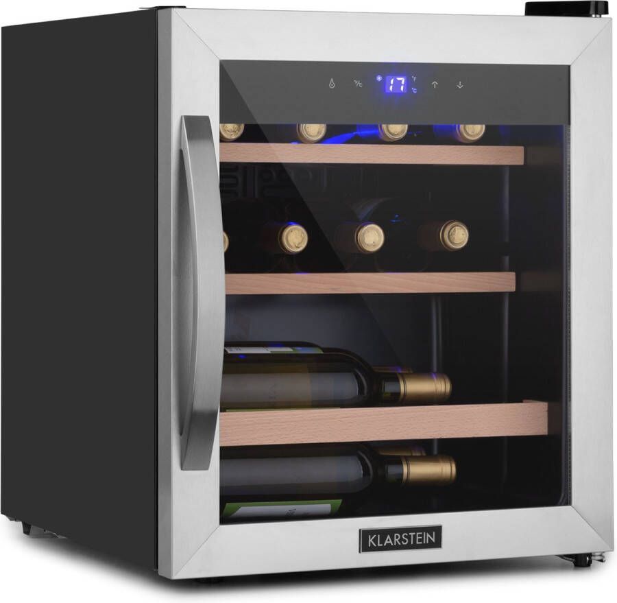 Klarstein Vinamour 12 Uno Wijnkoelkast Inhoud: 12 Flessen 46 Liter 1 Koelzone: 4 18 °C Fluisterzacht: 40 dB Extern touch bedieningspaneel Deur van veiligheidsglas met RVS frame Interne LED verlichting Compressiekoeling Zilver - Foto 2