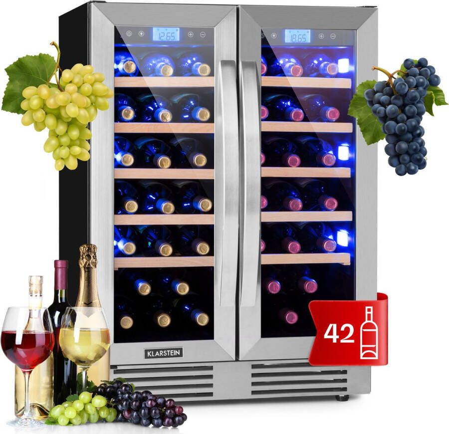Klarstein Vinovilla 42 Twin Built-In Duo Twee zones Wijnkoelkast 126 Liter 42 Flessen 3-kleuren Glas Wijnklimaatkast Roestvrij staal