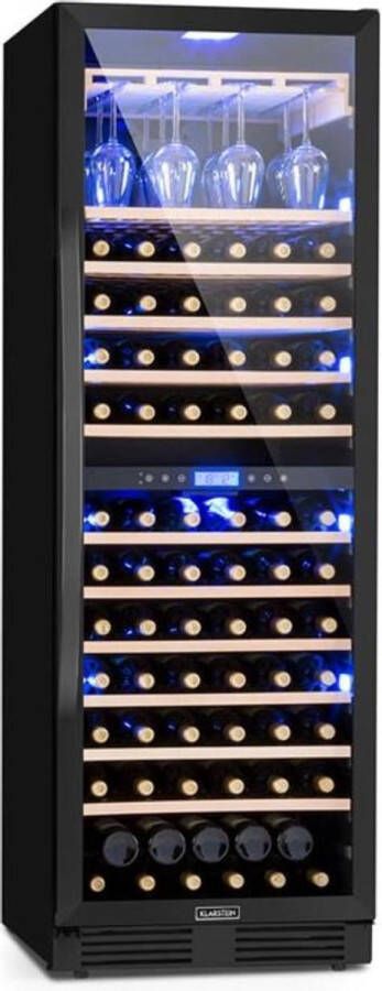 Klarstein Vinovilla Onyx Grande Duo Wijnkoelkast 425 liter 165 flessen 3 kleuren verlichting Met plek voor wijnglazen Glazen deur Zwart