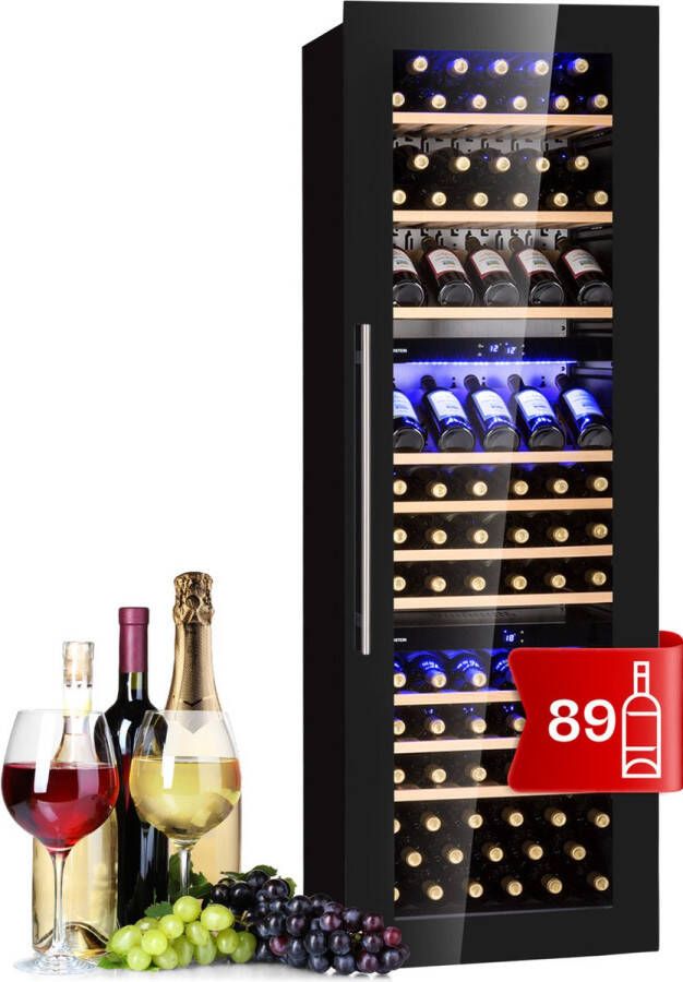 Klarstein Inbouw-Wijnkoelkast 246 L Drankkoelkast Smal 3 Zones Wijnkoelkast met Glazen Deur Indoor Outdoor Biersafe Grote Koelkast 5-18 degree celsius 89 Flessen