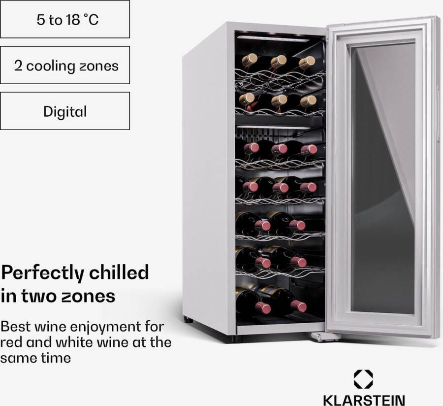 Klarstein Vrijstaande Wijnkoelkast 2 Zones Drankenkoelkast Klein Glazen Deur Flessenkoelkast Binnen Buiten 18 Flessen Wit
