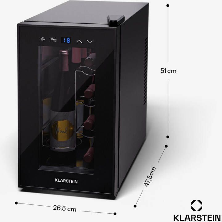 Klarstein Wijnkoelkast 1 Zone Drankenkoelkast met Glazen Deur Stille Koelkast voor Binnen Buiten 21L Flessenkoelkast Klein Wijnkoelkast voor Dranken Wijnkoeler voor 8 Flessen Zwart - Foto 2