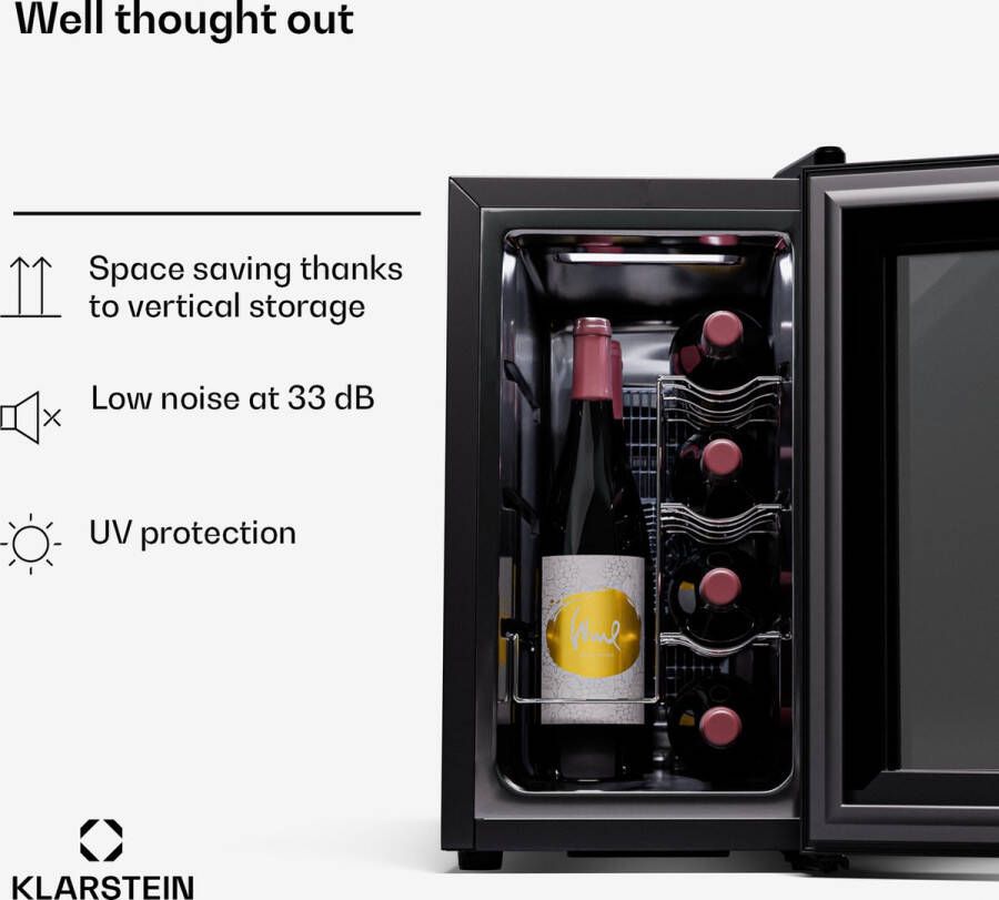 Klarstein Wijnkoelkast 1 Zone Drankenkoelkast met Glazen Deur Stille Koelkast voor Binnen Buiten 21L Flessenkoelkast Klein Wijnkoelkast voor Dranken Wijnkoeler voor 8 Flessen Zwart