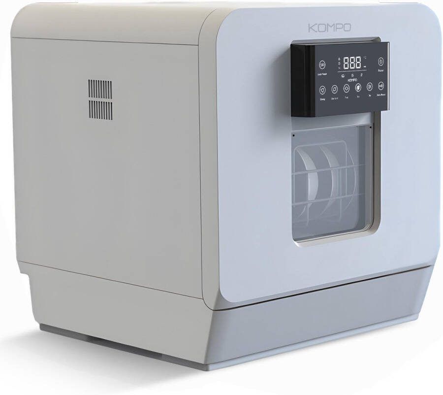 Kompo K02 Mini Vaatwasser – 4 Couverts – Waterreservoir & Kraanaansluiting – Ingebouwde Ontkalker Waterontharder – Energiezuinig – Stil – 5 Programma s – Vrijstaand – Tafelmodel – Wit