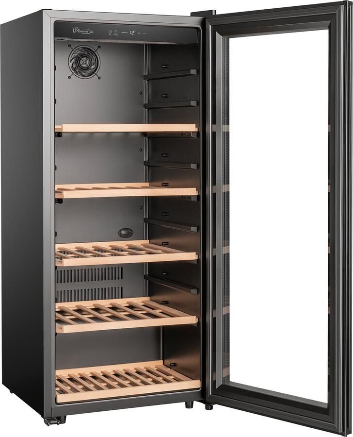 La Réserve RWC1102FN1 Wijnkoelkast 102 Flessen – Vrijstaand – 1 Zone – Stil 38 dB – LED Display – Houten Leggers – Zwarte Glazen Deur