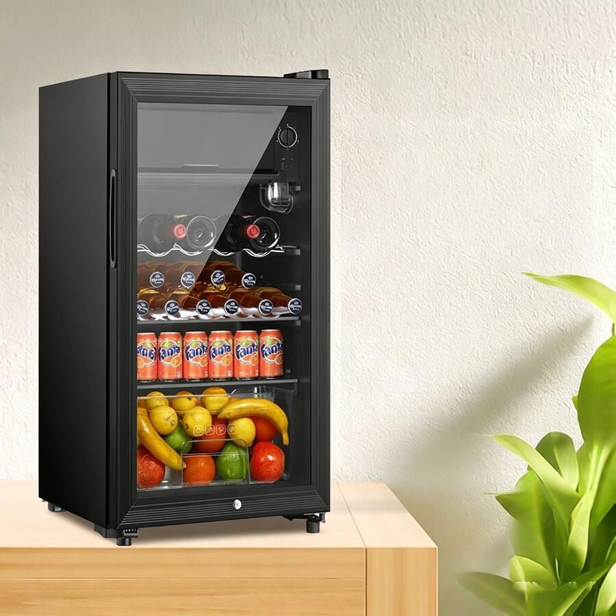Learnlogic 118L Drankenkoelkast voor 100 blikjes Vrijstaande supercoole mini drankenkoelkast met een klein vriesvak geschikt voor thuis en op kantoor voor het bewaren van bier cocktails frisdranken en sappen Zwart