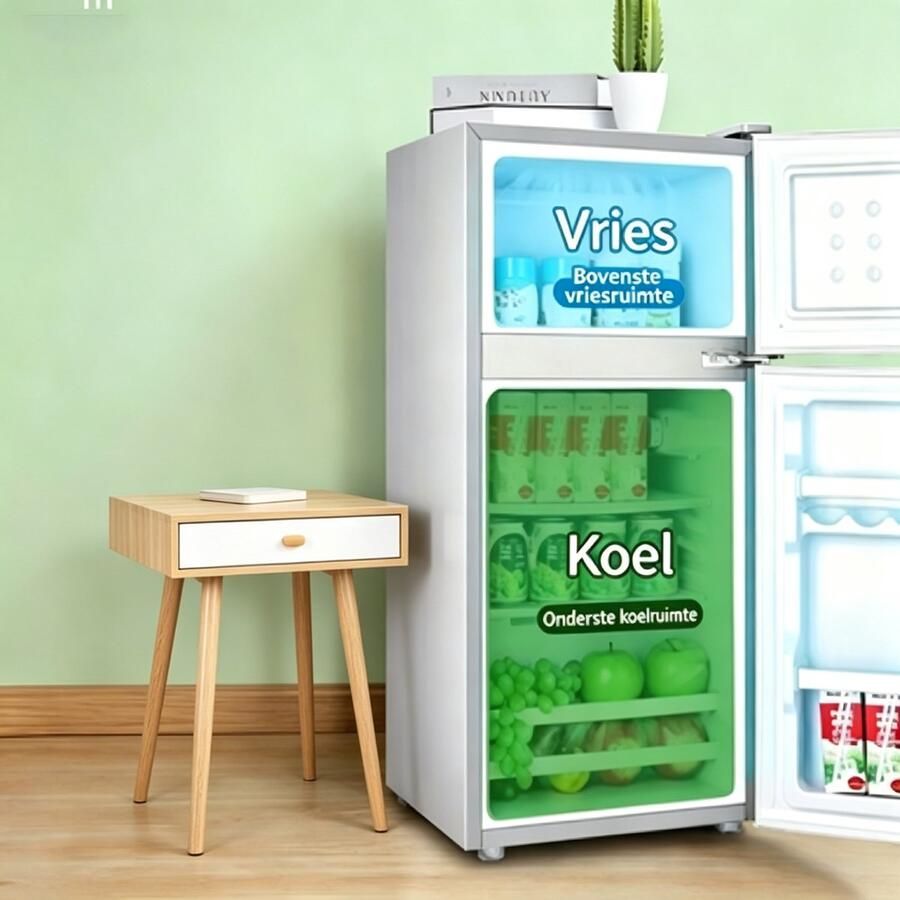 Learnlogic Deze mini koelkast met dubbele deur en een inhoud van 43 liter heeft een vriesvak Dankzij het compacte formaat is hij ruimtebesparend en daardoor geschikt voor slaapkamers woonkamers keukens kantoren of studentenkamers