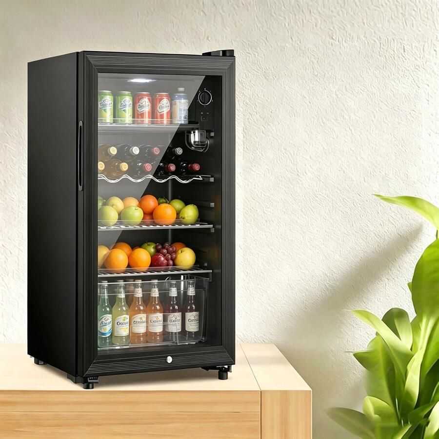 Learnlogic Drankenkoelkast 118L voor maximaal 100 blikken vrijstaand zwart met apart klein vriesvak sterke koelprestaties scheidt gekoelde dranken en bevroren snacks zonder hoofdkoelkastruimte op te gebruiken thuis en kantoor