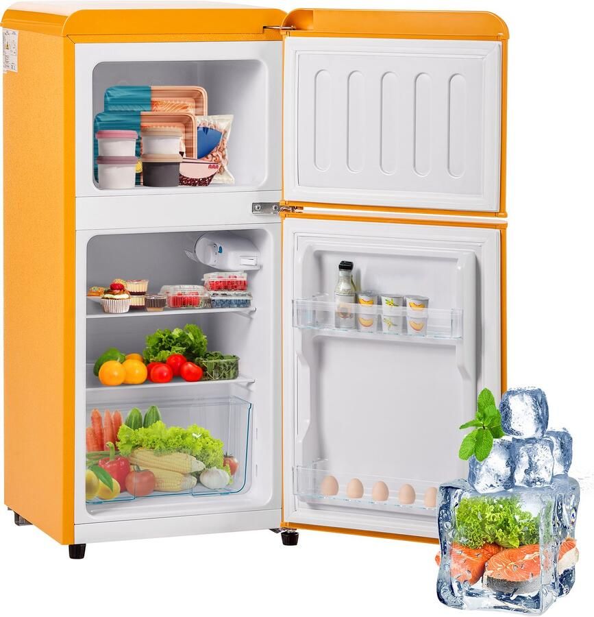 Learnlogic Koelkast 60 liter geel retro dubbeldeks koel vrieskast voor keuken en woonkamer thuisgebruik