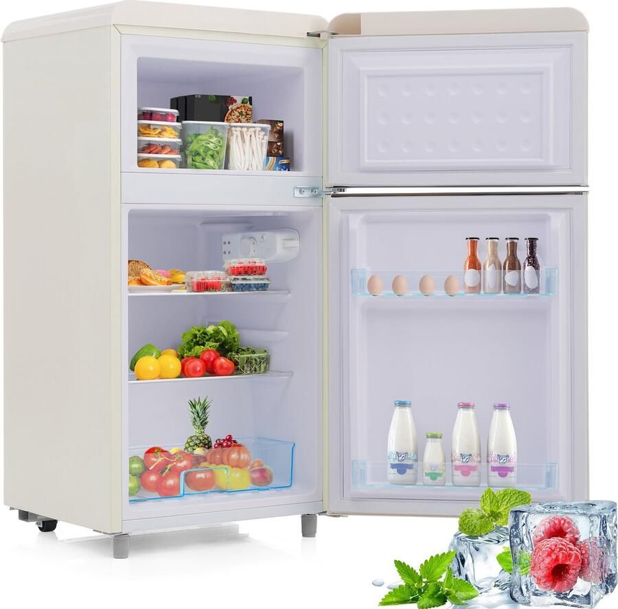 Learnlogic Koelkast 72 liter wit retro dubbeldeks ijzer plastic koel vrieskast voor keuken en woonkamer thuis - Foto 2