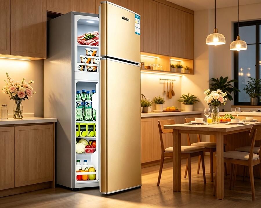 Learnlogic Koelkast met dubbele deur en vriesvak 88 liter inhoud ruimtebesparend ontwerp geschikt voor slaapkamers woonkamers keukens kantoren en studentenkamers Afmetingen 107*43*39 cm goud