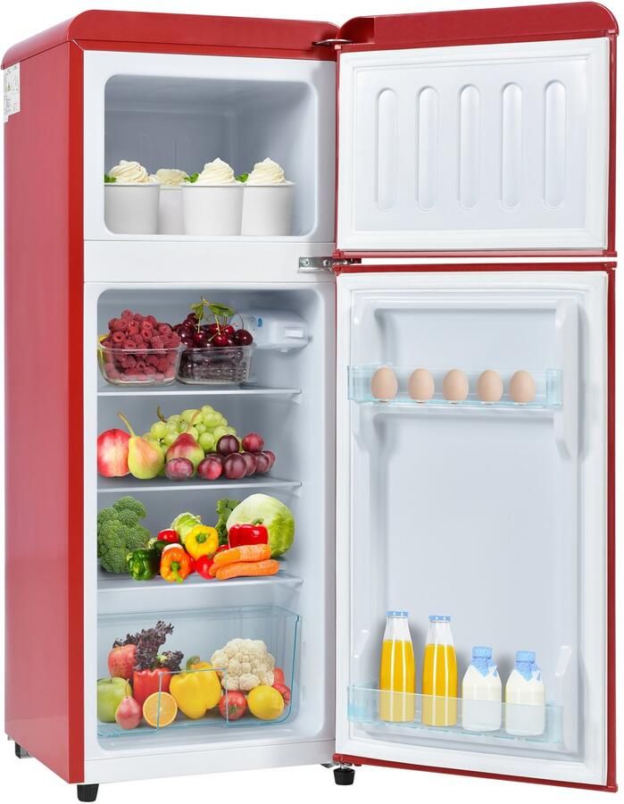 Learnlogic Koelkast Rood plastic 92 liter retro dubbeldeks koel vrieskast voor thuis en woonkamer