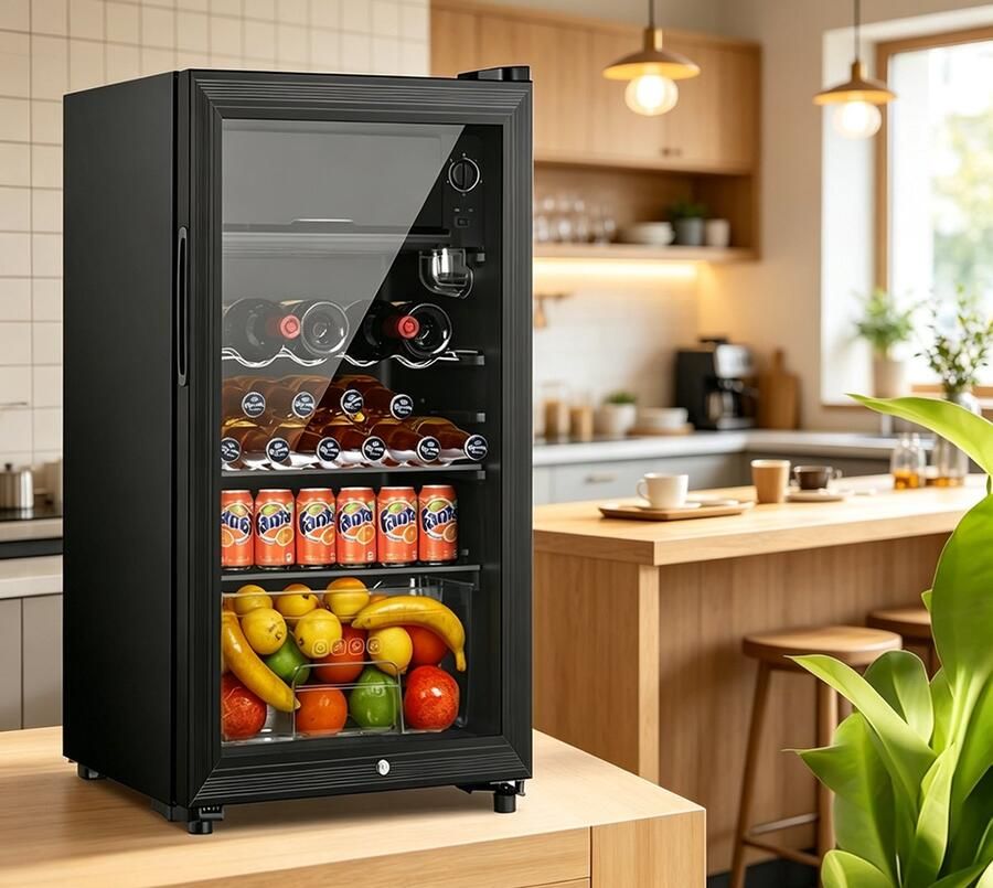 Learnlogic Vrijstaande Drankkoelkast Zwart 118L met apart vriesvak geschikt voor 100 blikjes drank Koelkast voor thuis kantoor afmetingen 45 x 45.2 x 84 cm