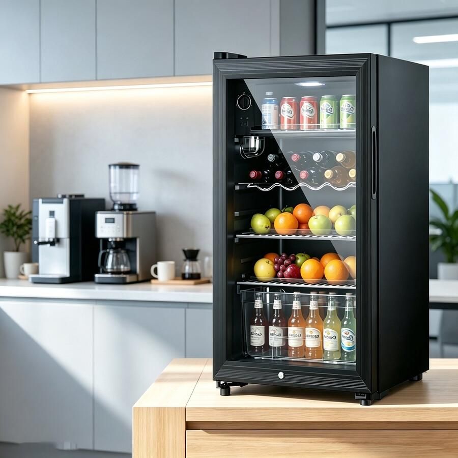Learnlogic Vrijstaande zwarte drankkoeler met een inhoud van 118 liter (geschikt voor maximaal 100 blikjes drank) en een apart vriesvak ideaal voor thuis en op kantoor Afmetingen 45 x 45 2 x 84 cm
