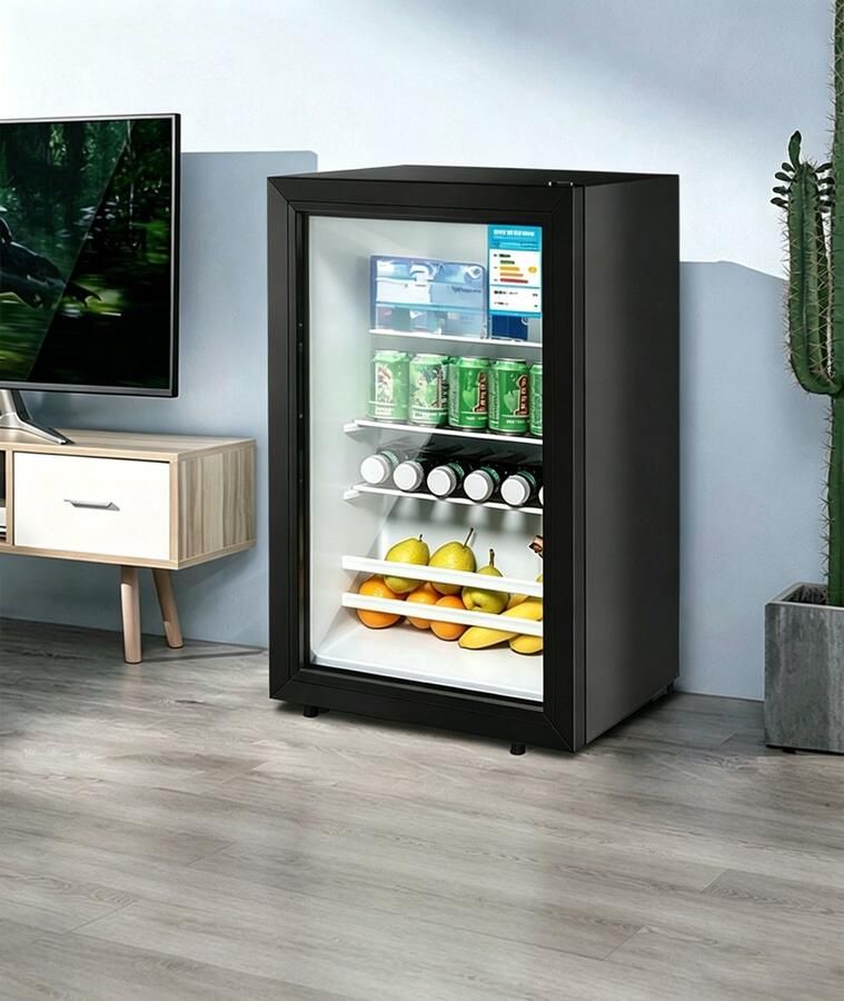 Learnlogic Zwarte vrijstaande minikoelkast met een glazen deur van één laag Het krachtige koelsysteem houdt bier cocktails frisdranken en sap langdurig op een comfortabele temperatuur Geschikt voor dagelijks gebruik thuis en op kantoor