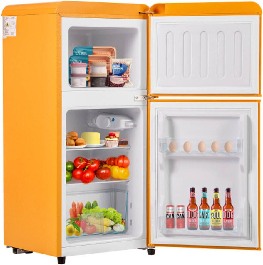 Learnlogic Retro koelkast. Freezer -combinatie. 86 8 cm hoog 45 5 cm breed twee dader met een totaal van 60 liter totaal volume 22 liter vriezervolume. 102 kWh jaar -27 ° C ∽ 13 ° C LED -licht. Premium gele energieklasse E