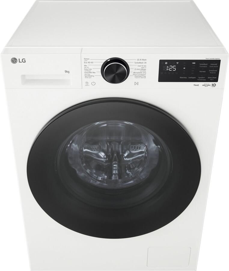 LG F4X5009TWB wasmachine 9 kg met AI DD voor betere stofverzorging TurboWash360˚ voor snel en grondig wassen in ca. 39 min Steam verwijdert allergenen en bacteriën ThinQ slimme bediening en stille duurzame Inverter Direct Drive. Energieklasse A