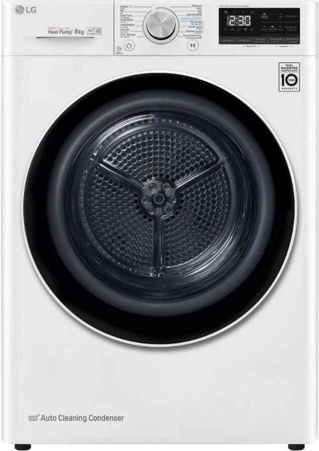 LG RH80V9AV4N warmtepompdroger 8 kg met Dual Inverter Heat Pump voor sneller en energiezuinig drogen Auto Cleaning Condenser voor duurzaam rendement en ThinQ slimme bediening. Energieklasse A+++