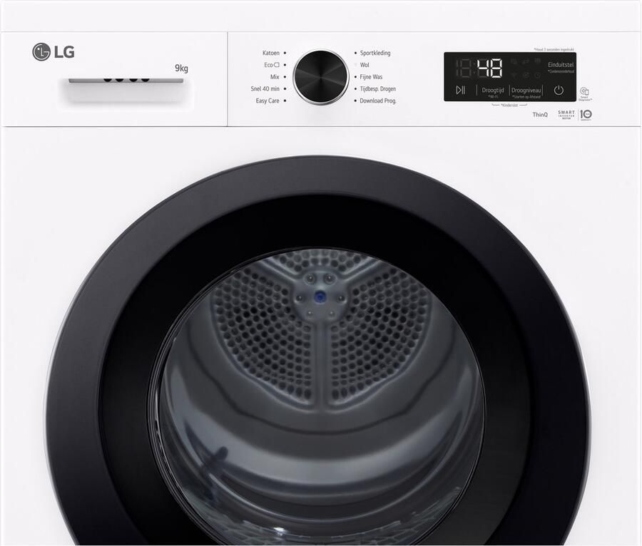 LG RHX1009NWK warmtepompdroger 9 kg met zelfreinigende condensor voor blijvend optimale prestaties Sensor Dry voor nauwkeurig en zuinig drogen Dual Lint Filter voor betere pluisopvang ThinQ slimme bediening en energiezuinige warmtepomptechnologie