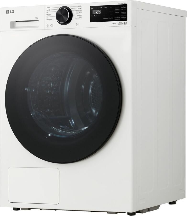 LG RHX5009TWB warmtepompdroger 9 kg met Dual Inverter Heat Pump voor gelijkmatig en energiezuinig drogen Sensor Dry stopt automatisch bij droog Zelfreinigende condensor voor duurzaam rendement en ThinQ slimme bediening. Energieklasse B