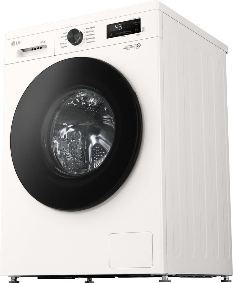 LG W4X1085NWB was‑droogcombinatie 8 5 kg met 6 Motion DD voor optimale stofverzorging TurboWash 360 voor sneller wassen Steam voor anti‑allergie en ThinQ slimme bediening. Energieklasse A