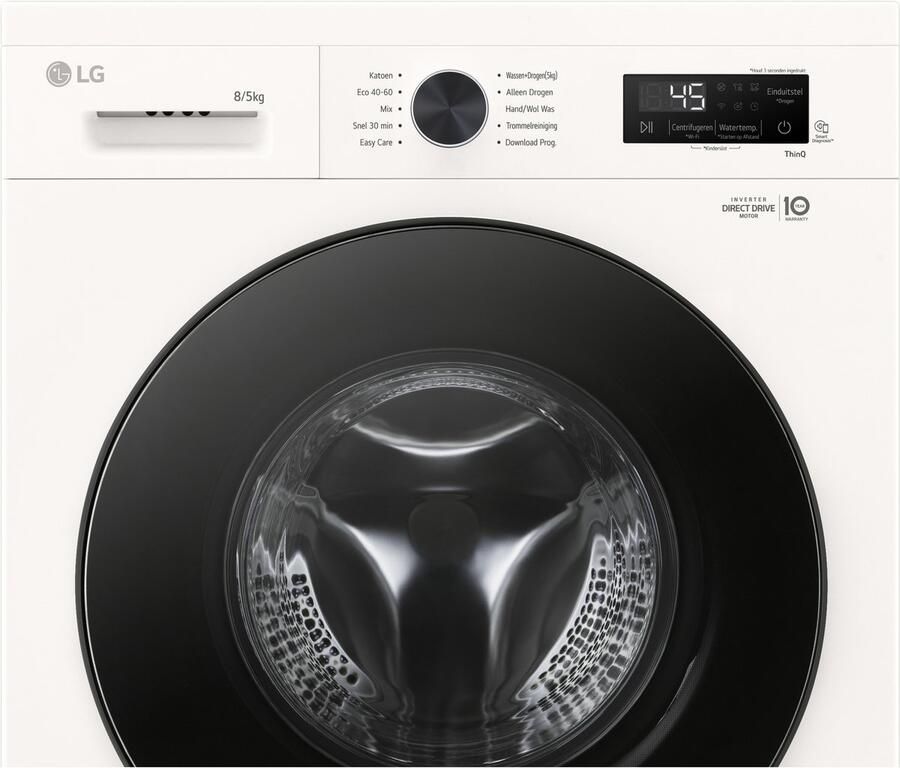 LG W4X1085NWB was‑droogcombinatie 8 5 kg met 6 Motion DD voor optimale stofverzorging TurboWash 360 voor sneller wassen Steam voor anti‑allergie en ThinQ slimme bediening. Energieklasse A