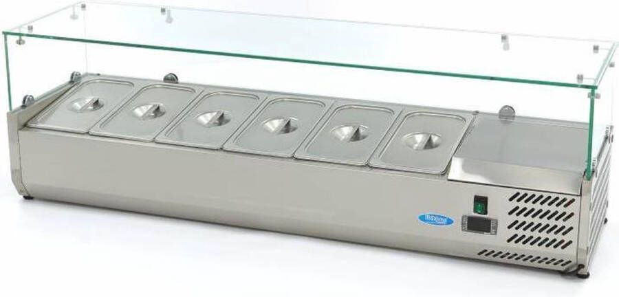 Maxima Opzetkoelvitrine 140 cm breed voor 6 x 1 3 GN Bakken Opzet Koeling Unieke Koelcyclus Horeca Koelvitrine