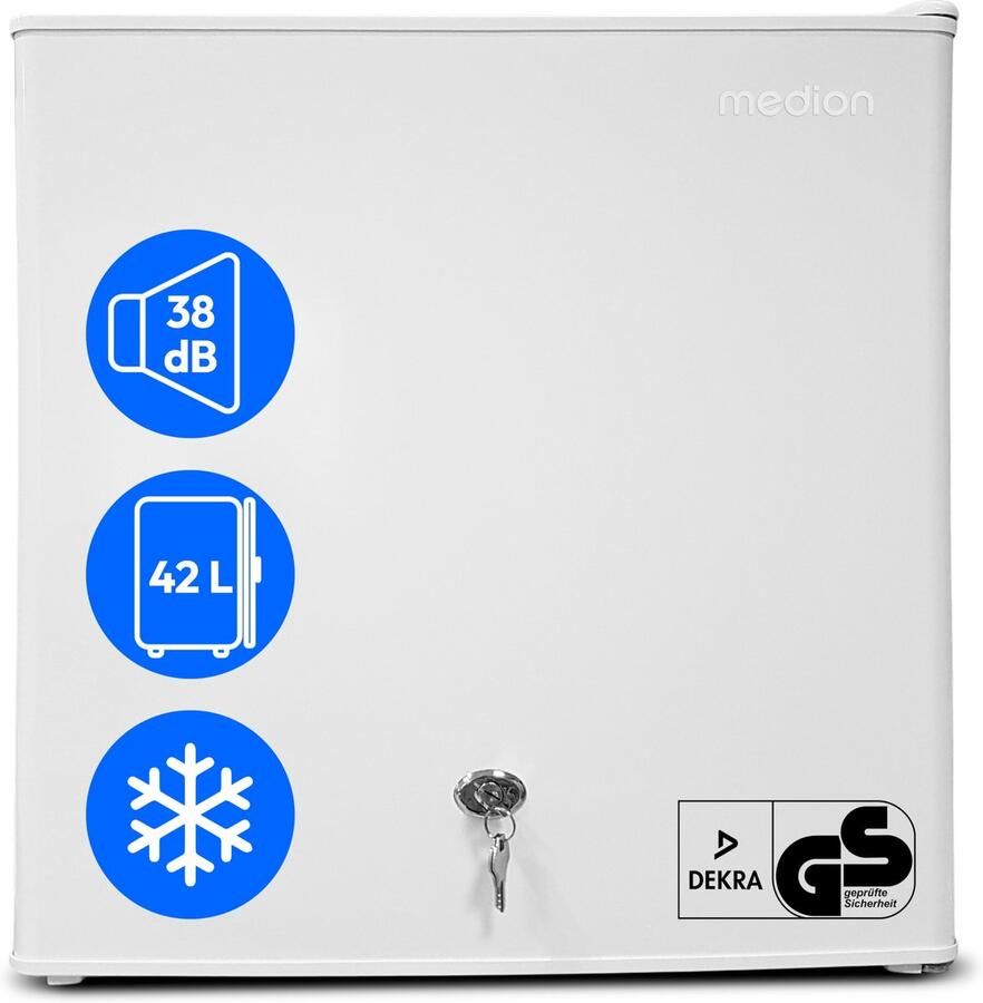 MEDION Mini koelkast met slot en vriesvak 42 L stille kleine koelkast voor kantoor hotel minibar camping gaming drank voedsel ijs deur omkeerbaar MD 370001 wit - Foto 1