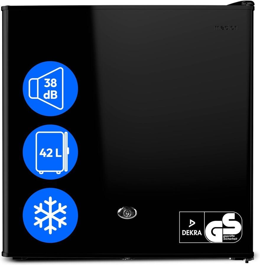 MEDION Mini koelkast met slot en vriesvak 42 L stille kleine koelkast voor kantoor hotel minibar camping gaming drank voedsel ijs deur omkeerbaar MD 370001 zwart