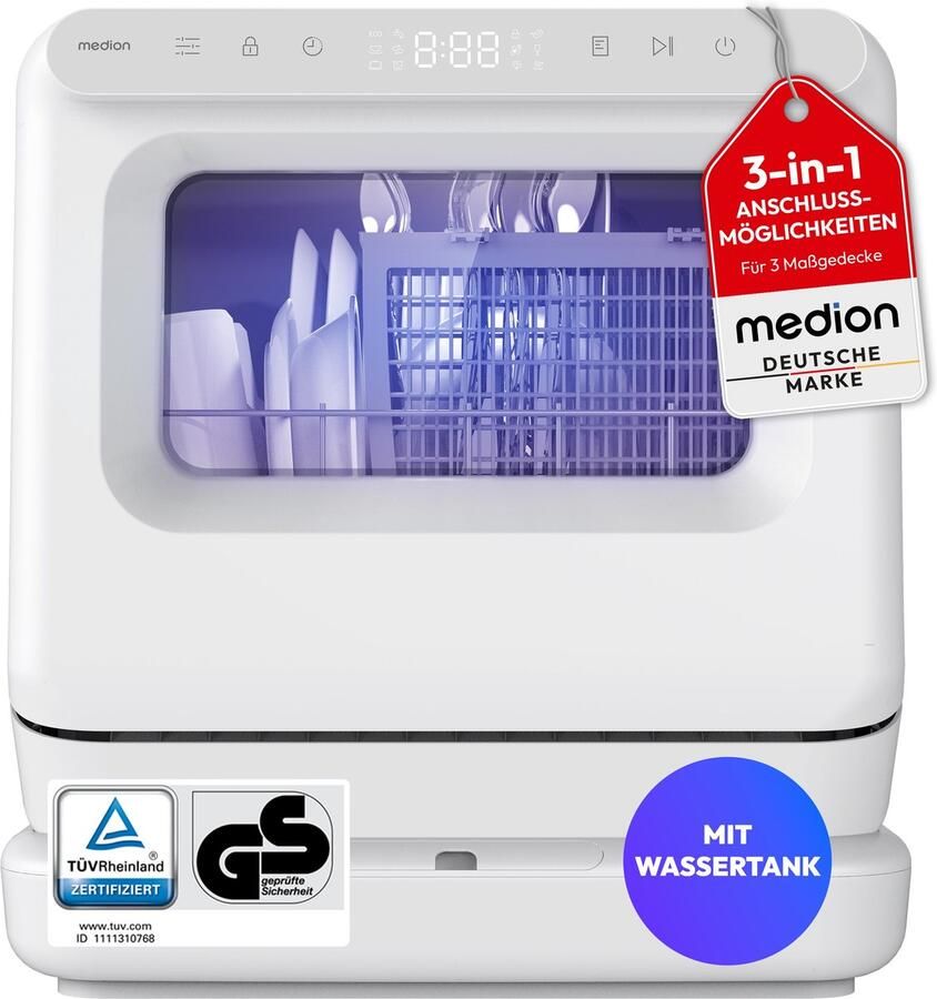 MEDION Mini vaatwasser 6 programma's MD370022 afneembaar waterreservoir 3 watertoevoermogelijkheden touchbediening en LED display UV licht ideaal voor camping tuin en appartement