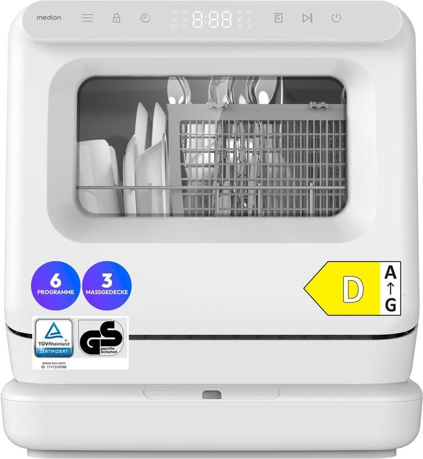MEDION Mini Vaatwasser DWT30 3 Couvert Tafelvaatwasser werkt met of zonder wateraansluiting 6 Programma s UV Licht Ventilatiedroging Touch Display vrijstaand MD370022
