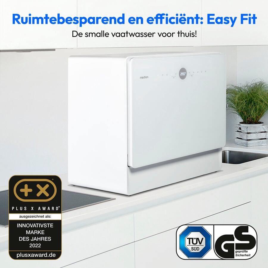 MEDION Mini Vaatwasser DWT50 (tafelmodel vaatwasser 5 couverts werkt met zonder wateraansluiting emmerfunctie 35 cm diep 7 reinigingsprogramma's MD 37775) wit